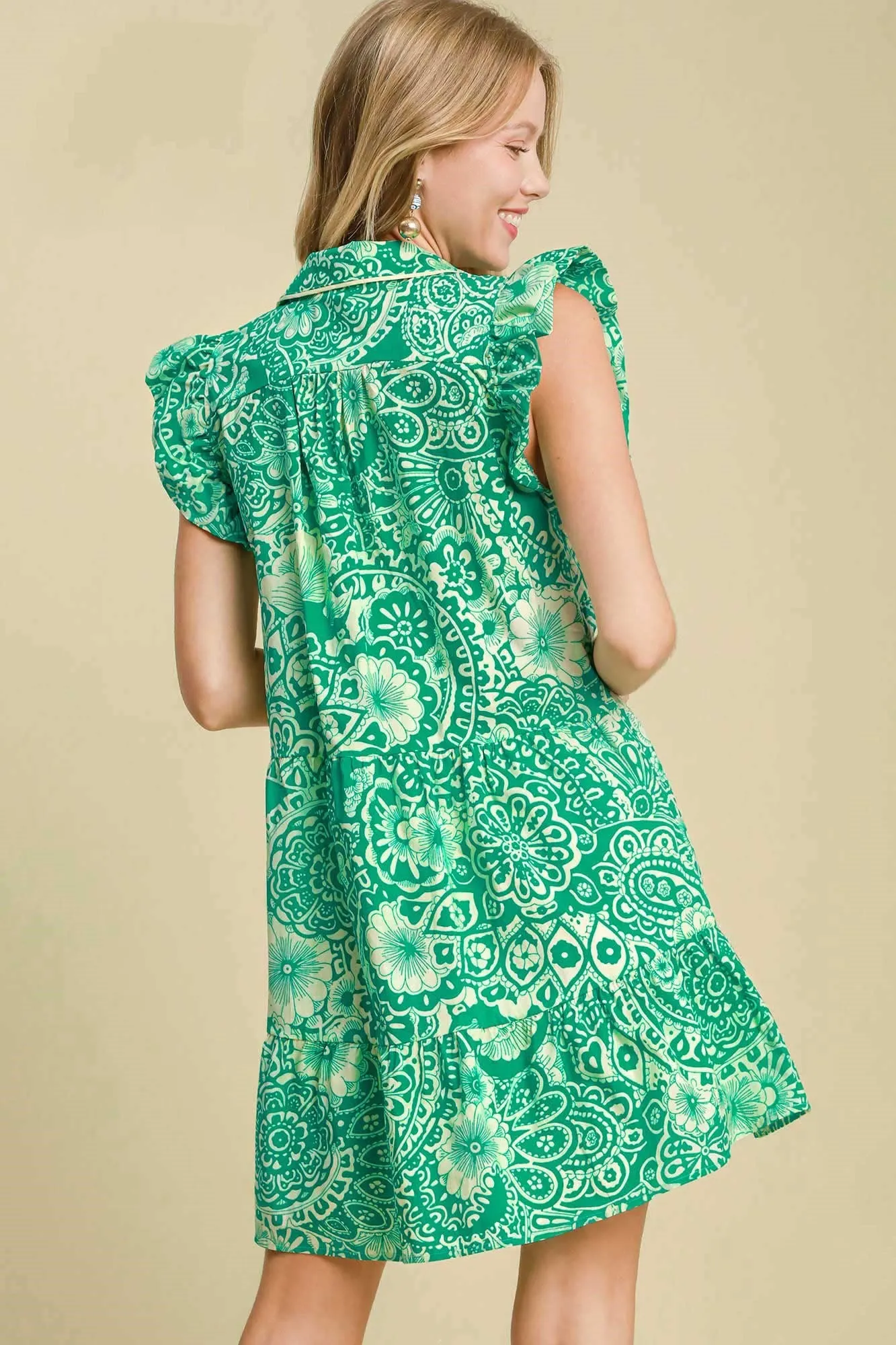 Umgee Full Size Printed Ruffle Cap Sleeve Babydoll Dress Plus Size