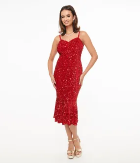 Unique Vintage 1970s Red Velvet Sequin Rizzo Wiggle Dress