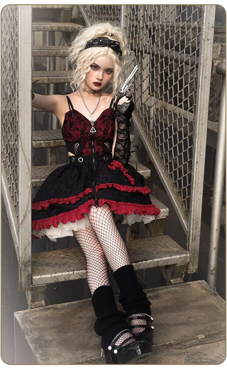 Universal Lolita Judgment Day Black Red Strap Dress Vest Sleeves Three Piece Set