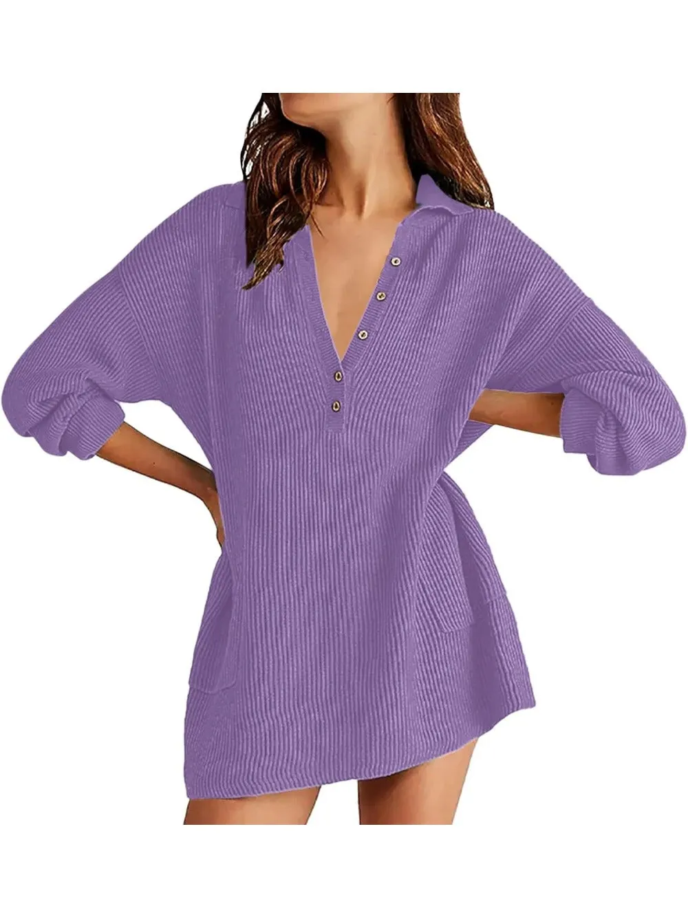 V Neck Oversized Sweater Dress with Lantern Sleeves