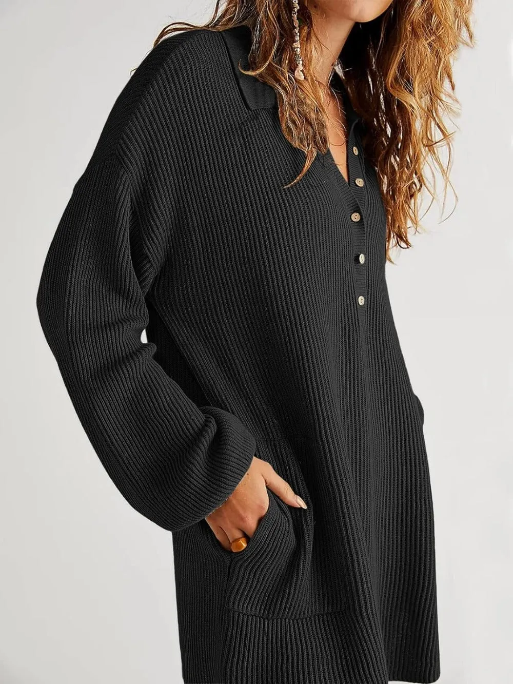 V Neck Oversized Sweater Dress with Lantern Sleeves