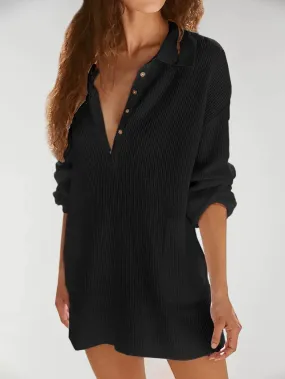 V Neck Oversized Sweater Dress with Lantern Sleeves