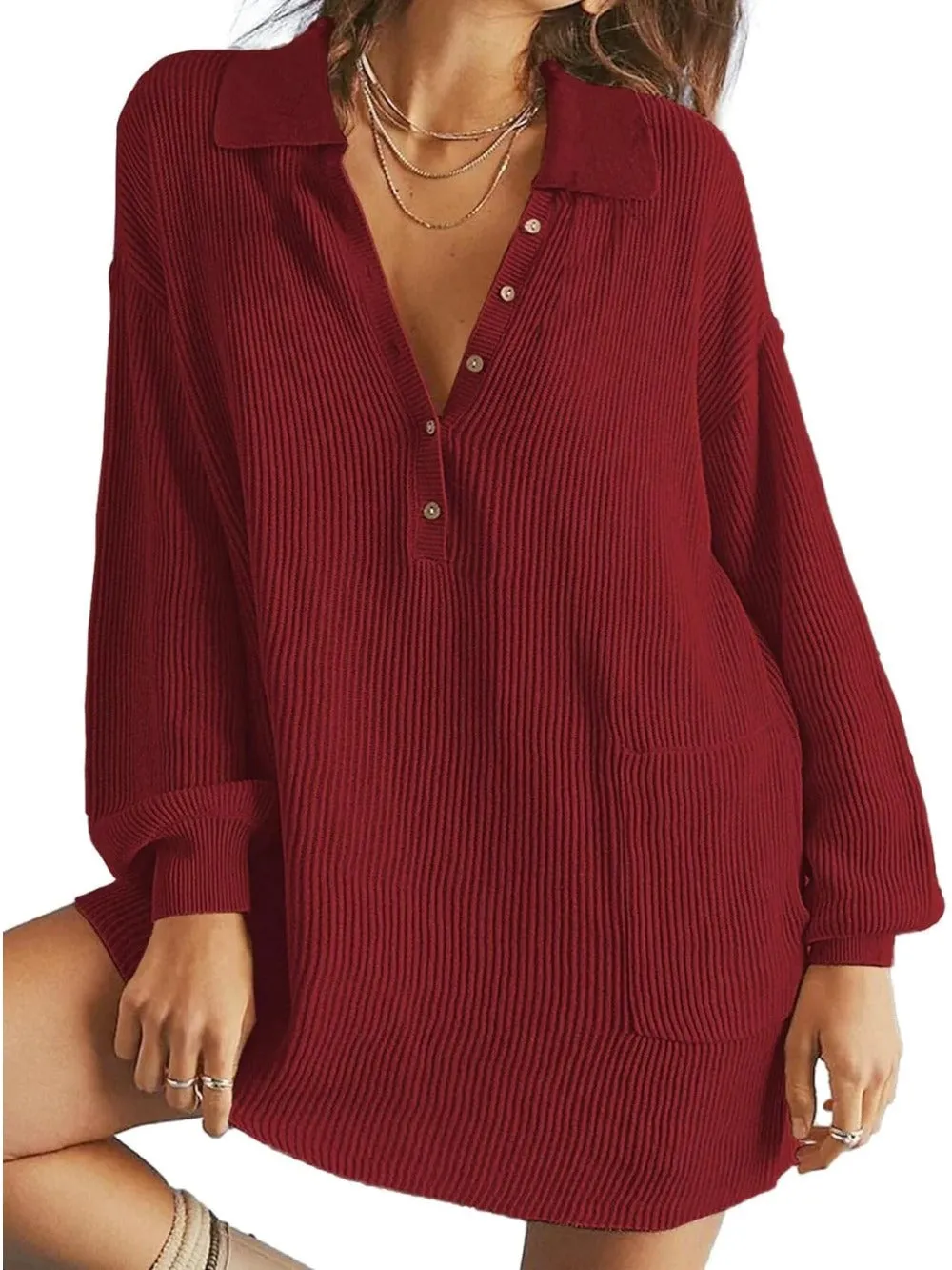 V Neck Oversized Sweater Dress with Lantern Sleeves
