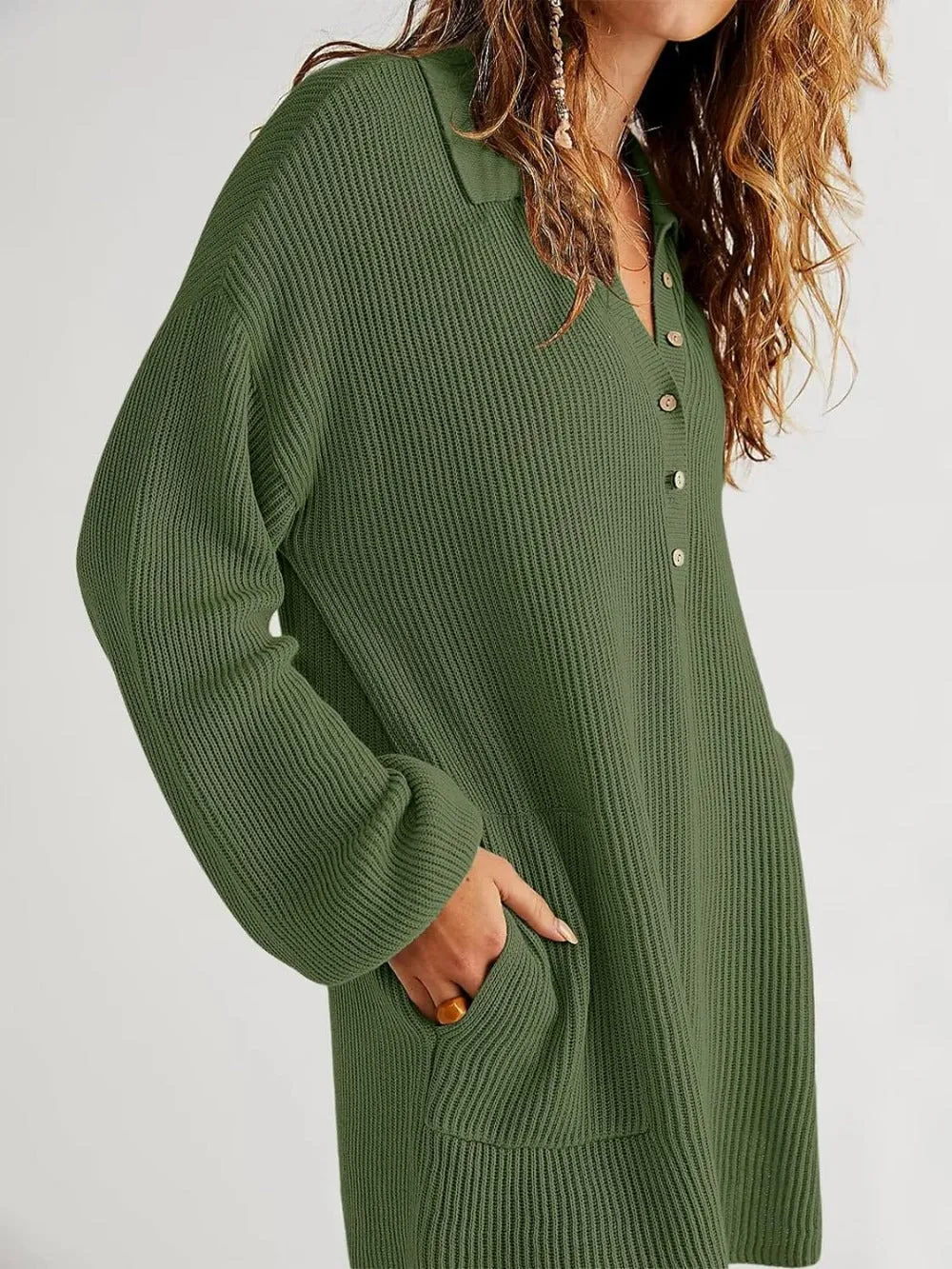 V Neck Oversized Sweater Dress with Lantern Sleeves