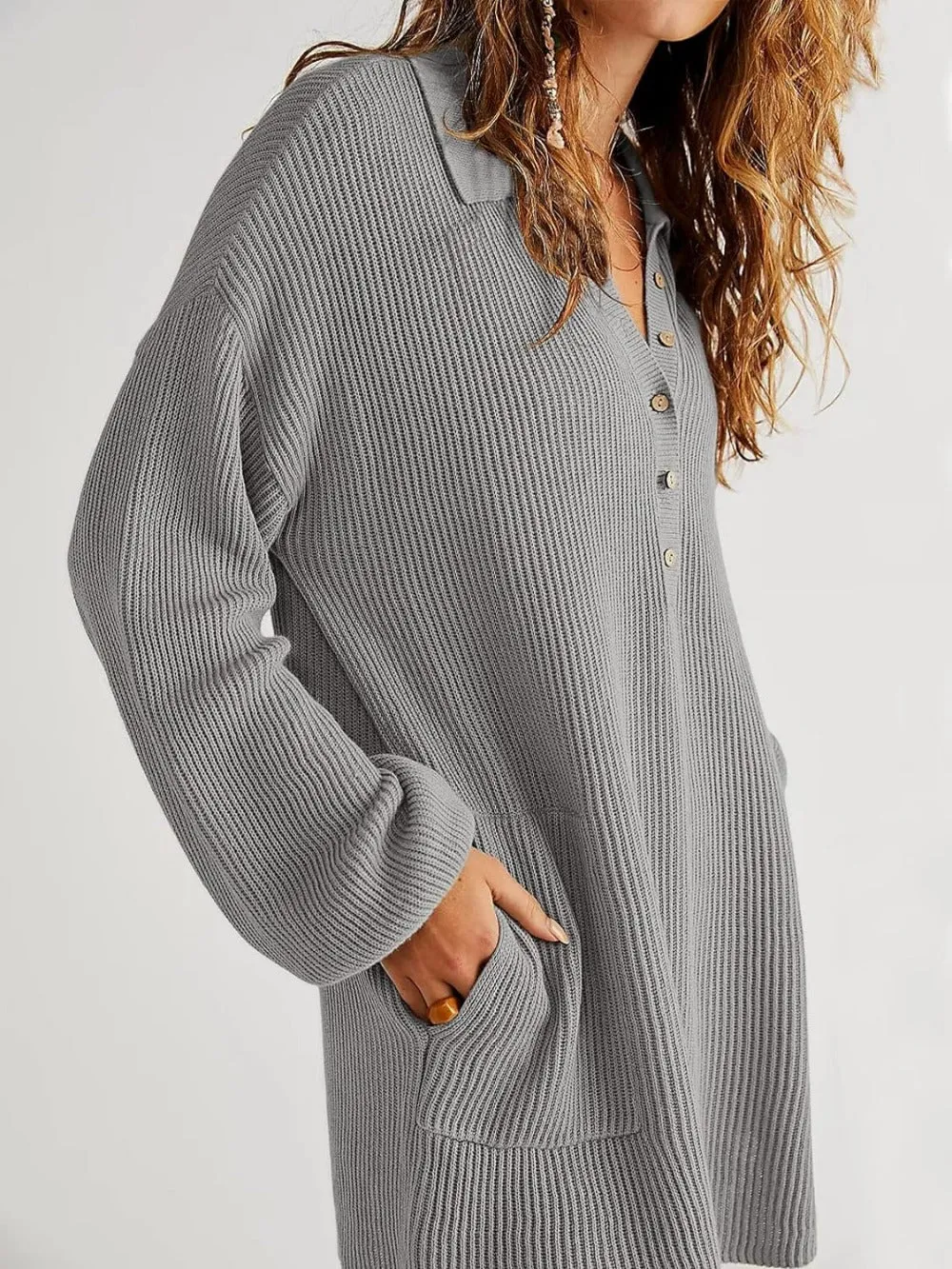 V Neck Oversized Sweater Dress with Lantern Sleeves