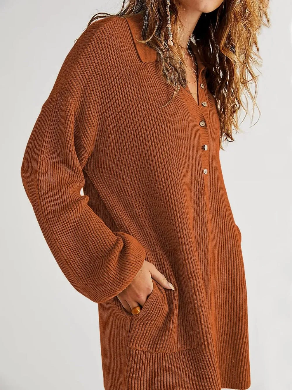 V Neck Oversized Sweater Dress with Lantern Sleeves
