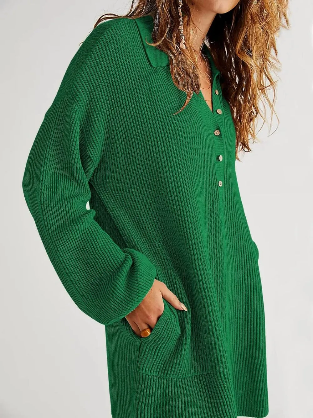 V Neck Oversized Sweater Dress with Lantern Sleeves