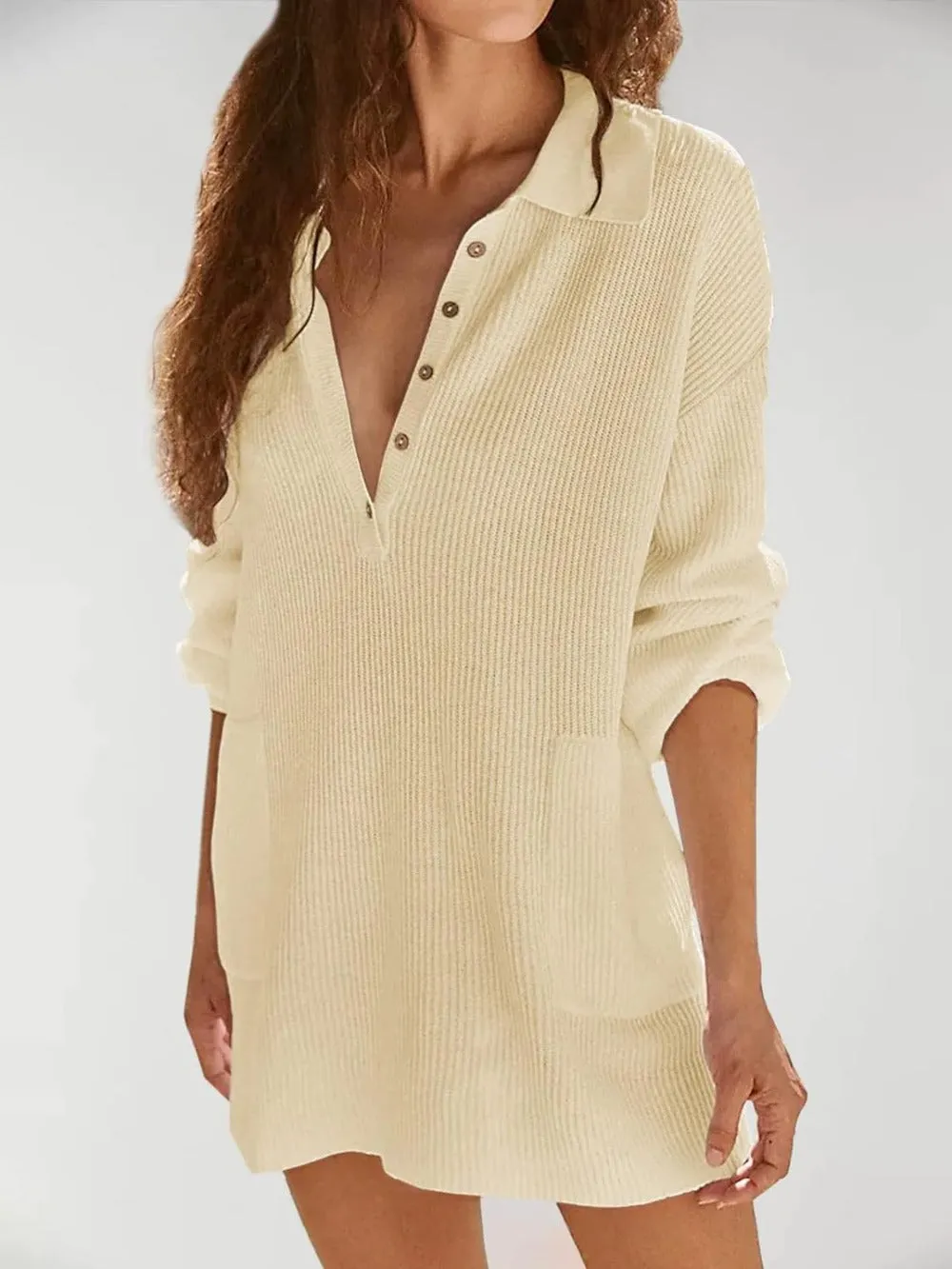 V Neck Oversized Sweater Dress with Lantern Sleeves