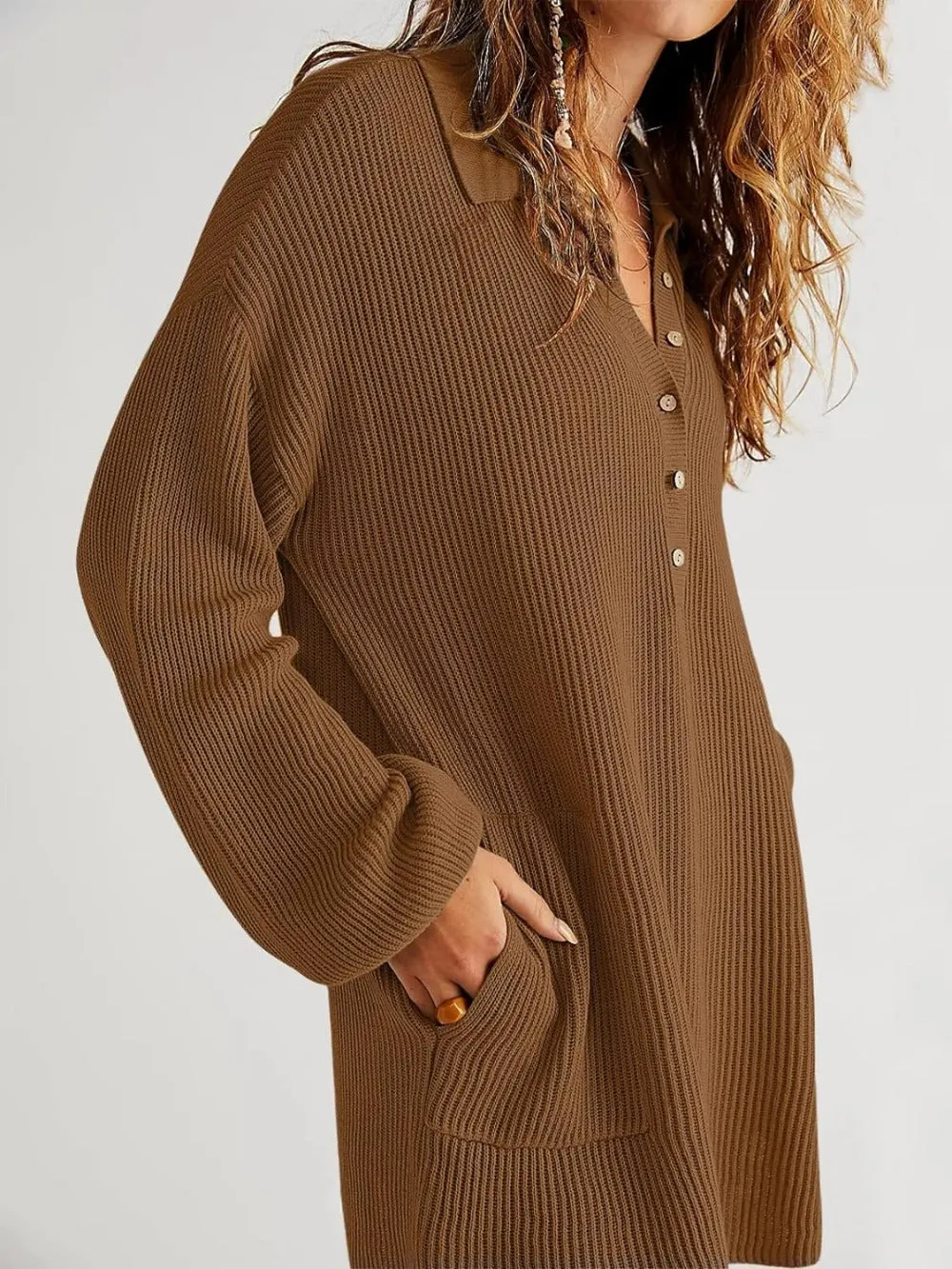 V Neck Oversized Sweater Dress with Lantern Sleeves