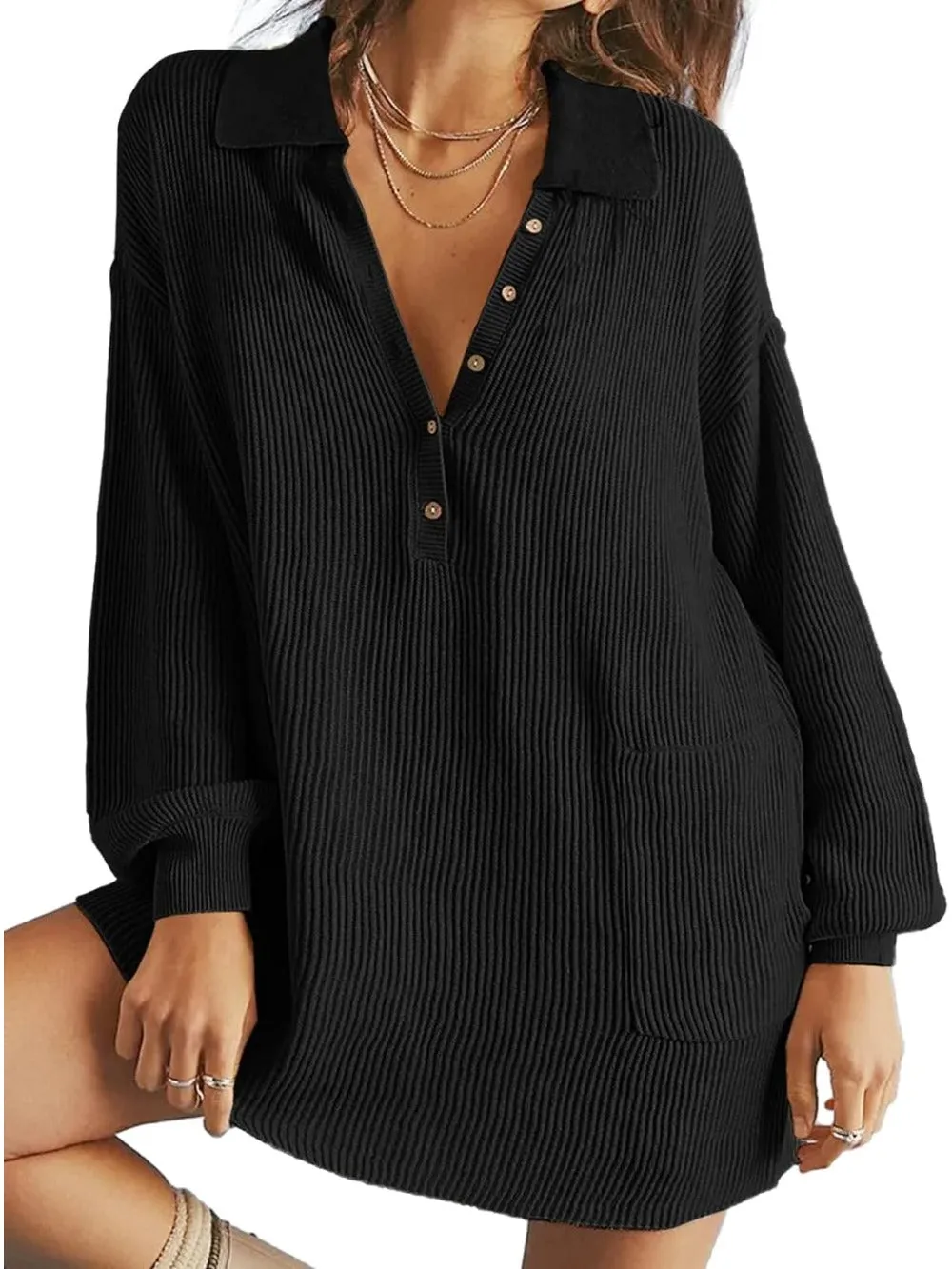 V Neck Oversized Sweater Dress with Lantern Sleeves