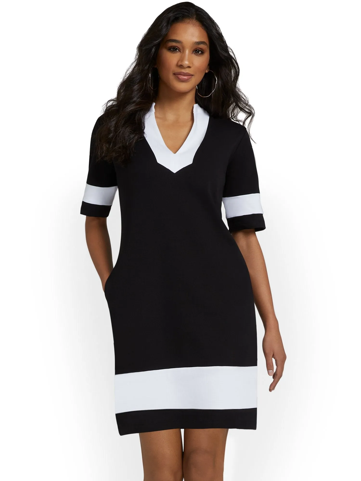 V-Neck Stripe-Accent Shift Dress - City Knits