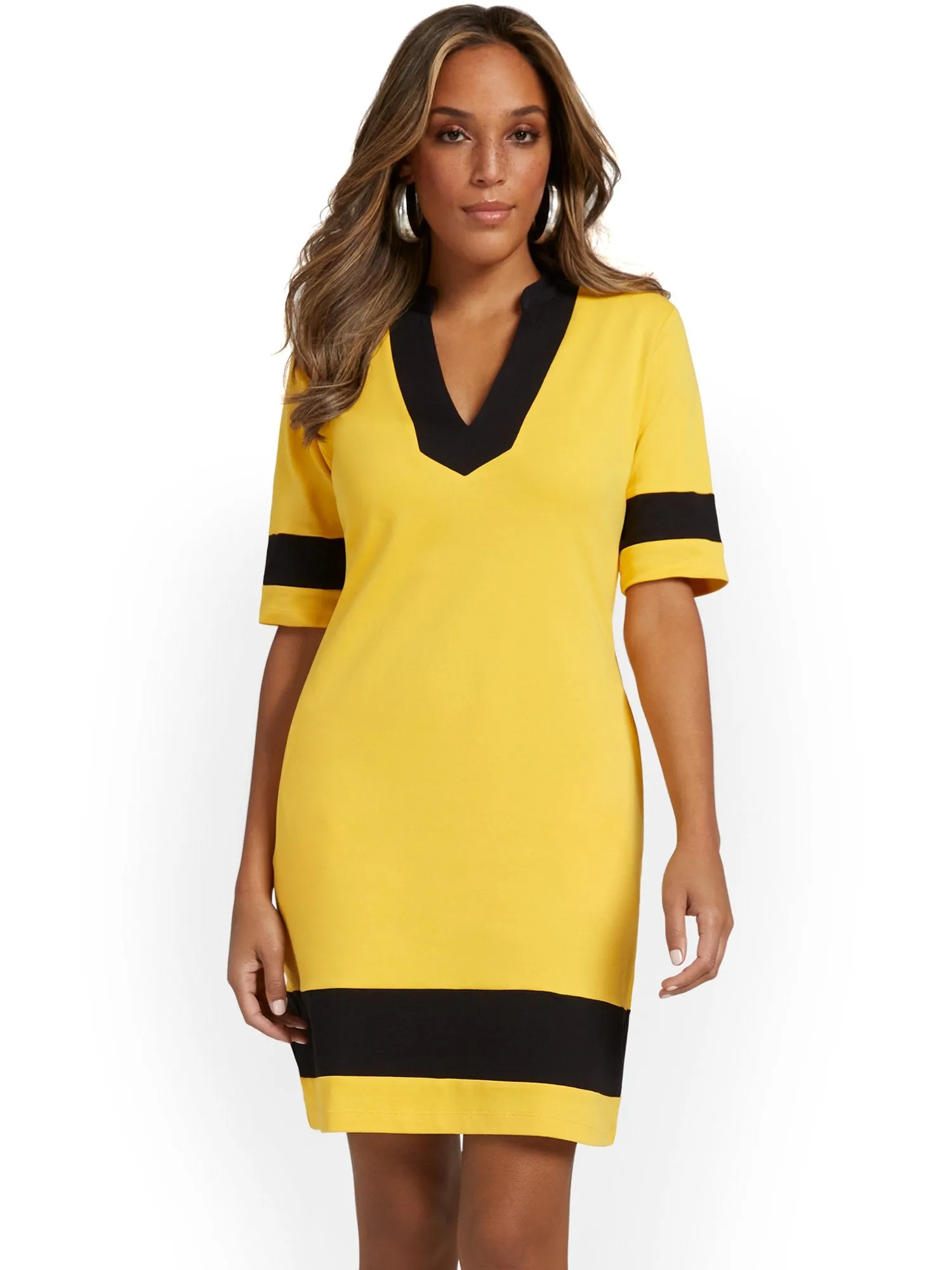 V-Neck Stripe-Accent Shift Dress - City Knits