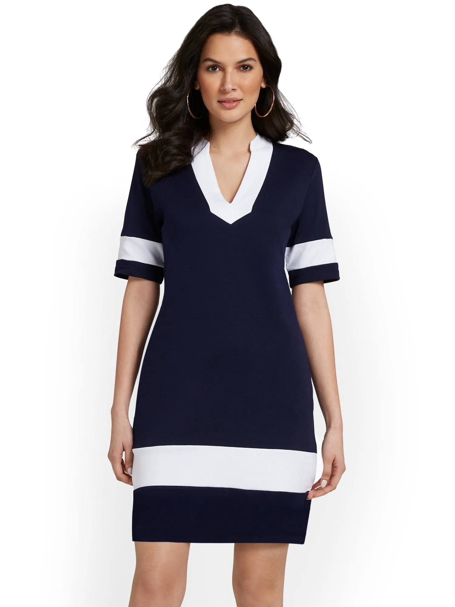 V-Neck Stripe-Accent Shift Dress - City Knits