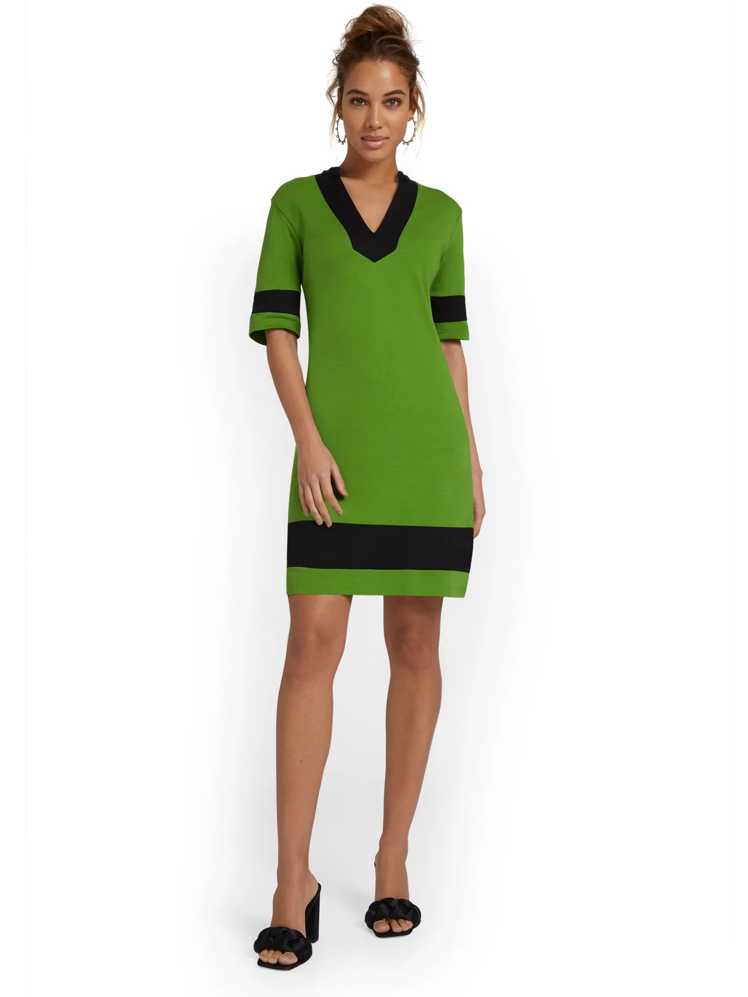 V-Neck Stripe-Accent Shift Dress - City Knits