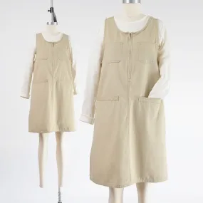 Vintage 90s Khaki Jumper Minimalist A-line Cotton Zipper Front Pinafore Dress size M