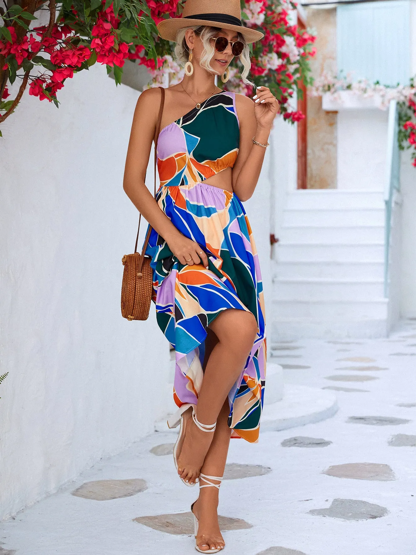 Wedding Guests / Printed Cutout One-Shoulder Sleeveless Dress