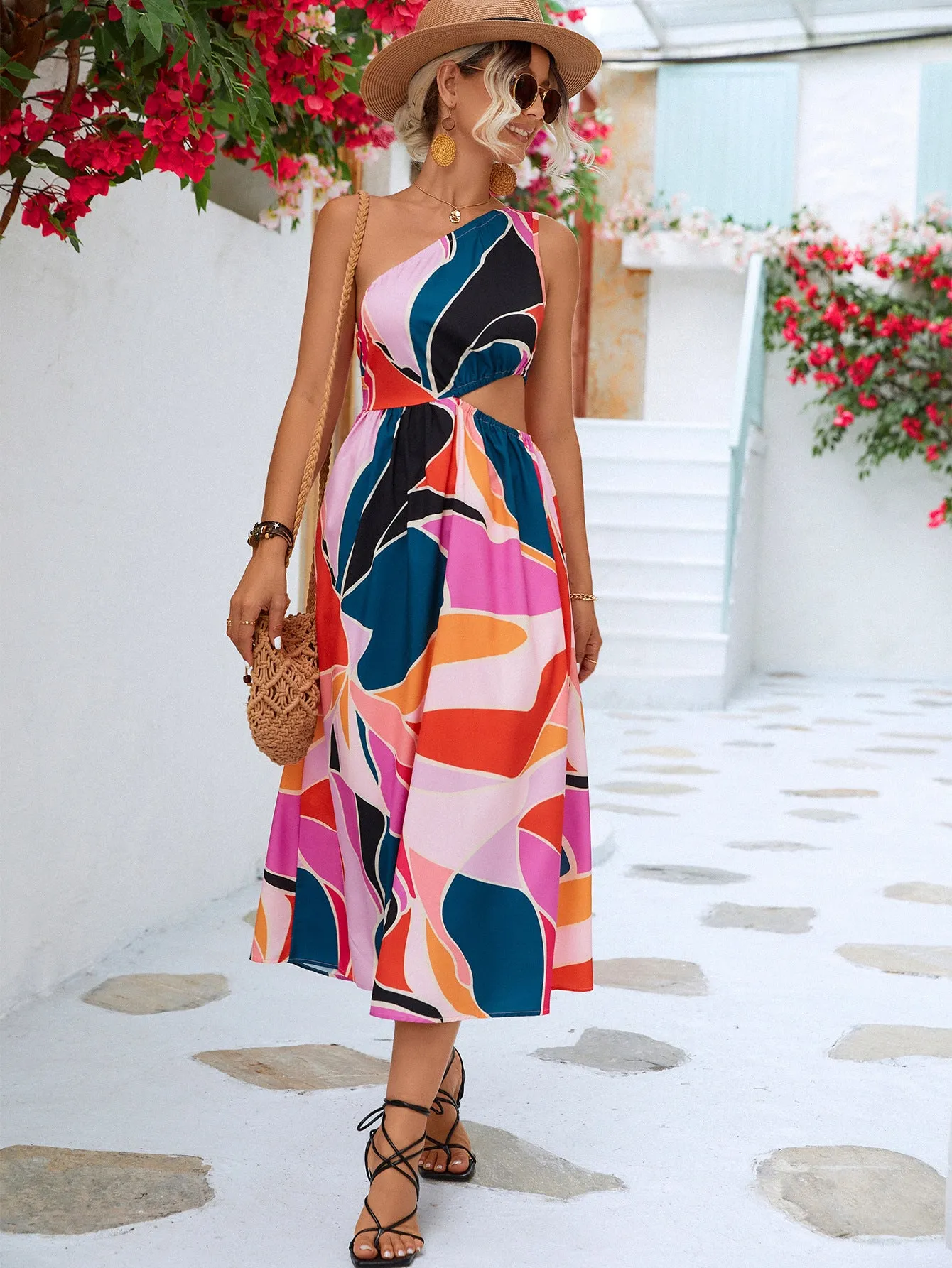 Wedding Guests / Printed Cutout One-Shoulder Sleeveless Dress