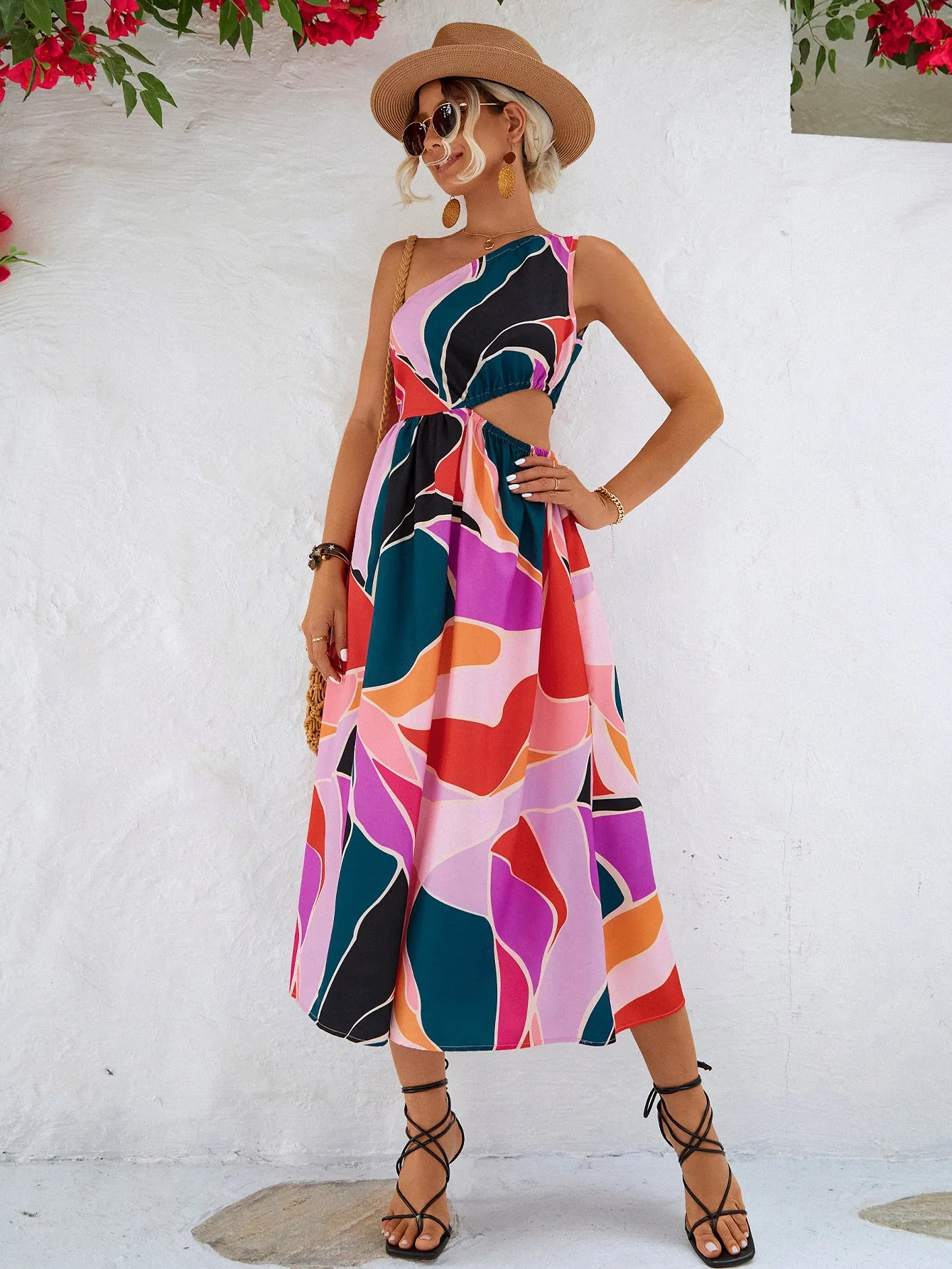Wedding Guests / Printed Cutout One-Shoulder Sleeveless Dress