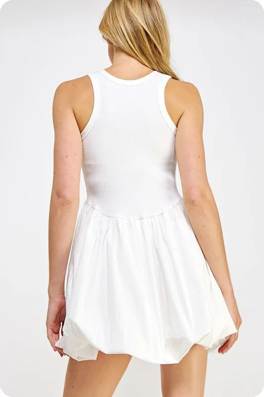 White Knit Contrast Balloon Poplin Mini Dress