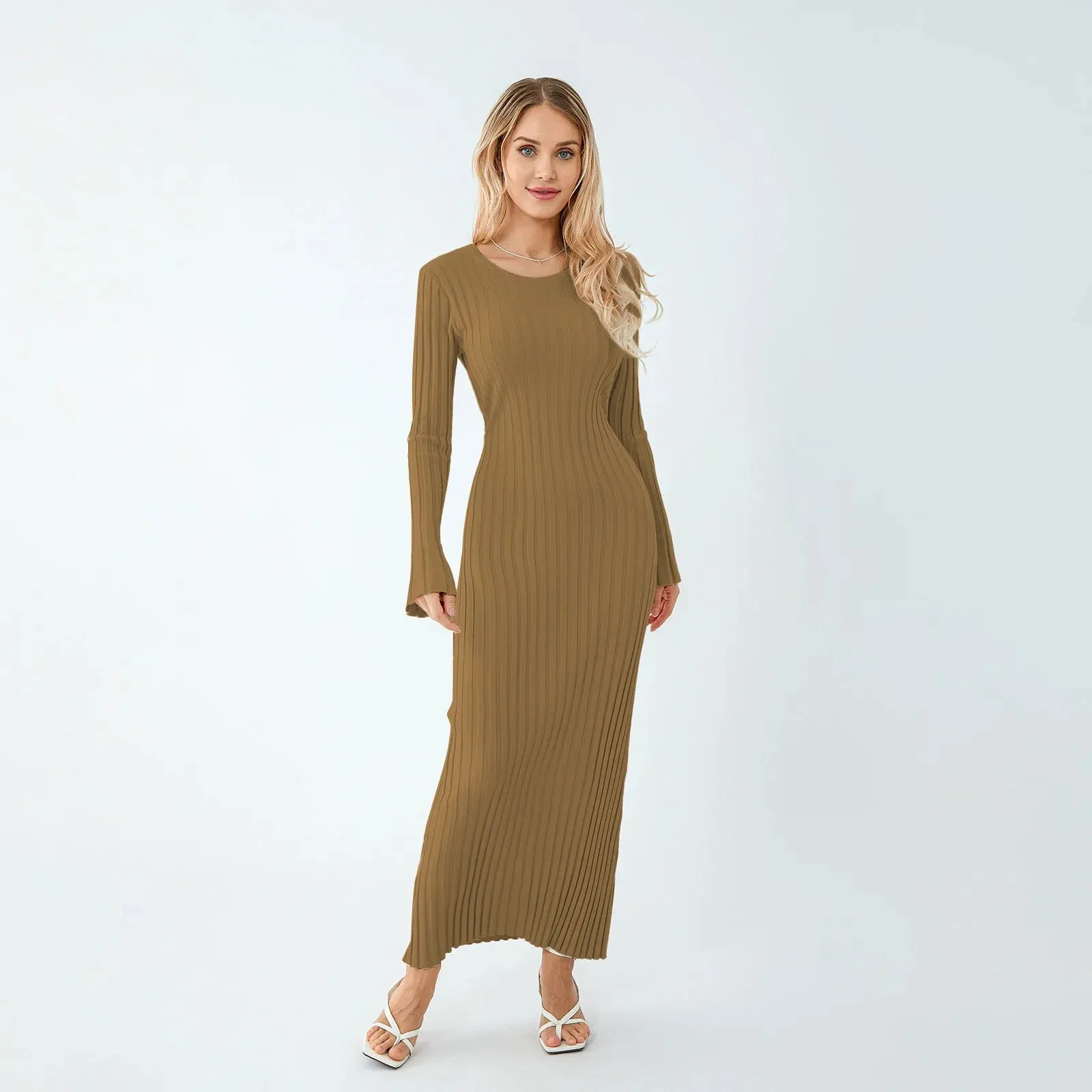 Women Ribbed Long Sleeve Dress with Back Tie