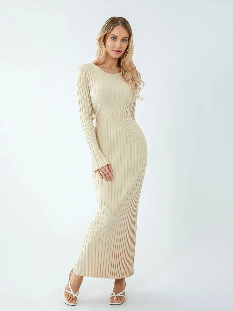 Women Ribbed Long Sleeve Dress with Back Tie