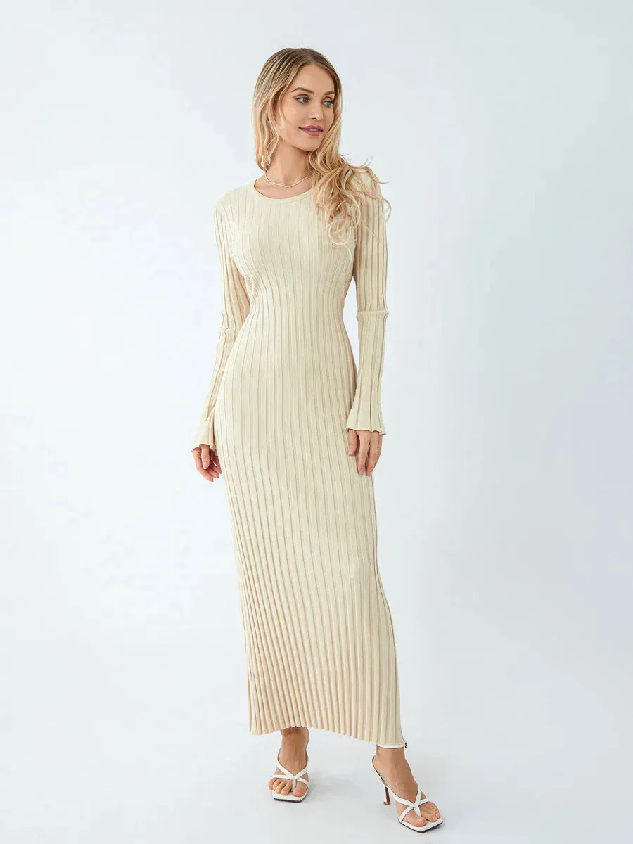 Women Ribbed Long Sleeve Dress with Back Tie