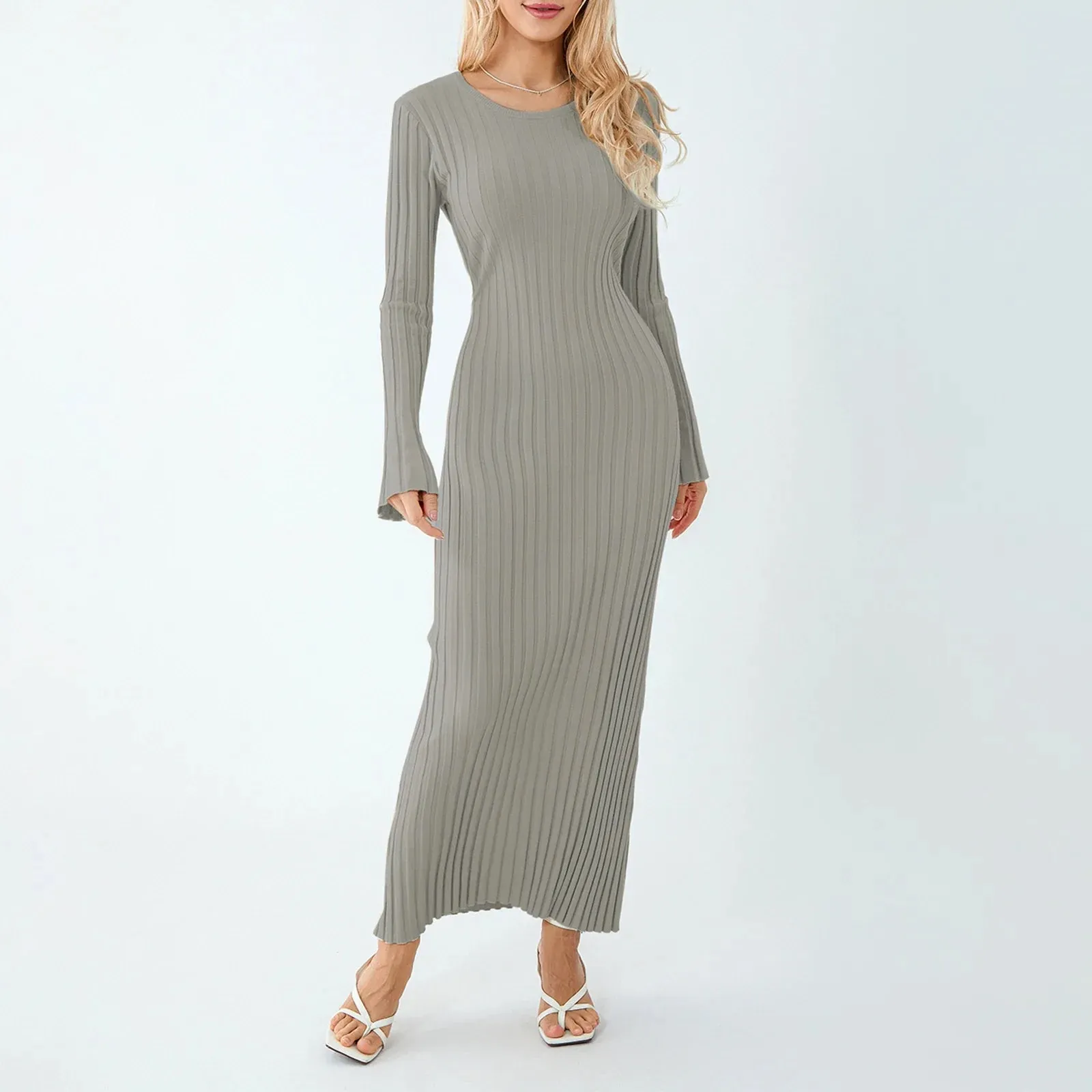Women Ribbed Long Sleeve Dress with Back Tie