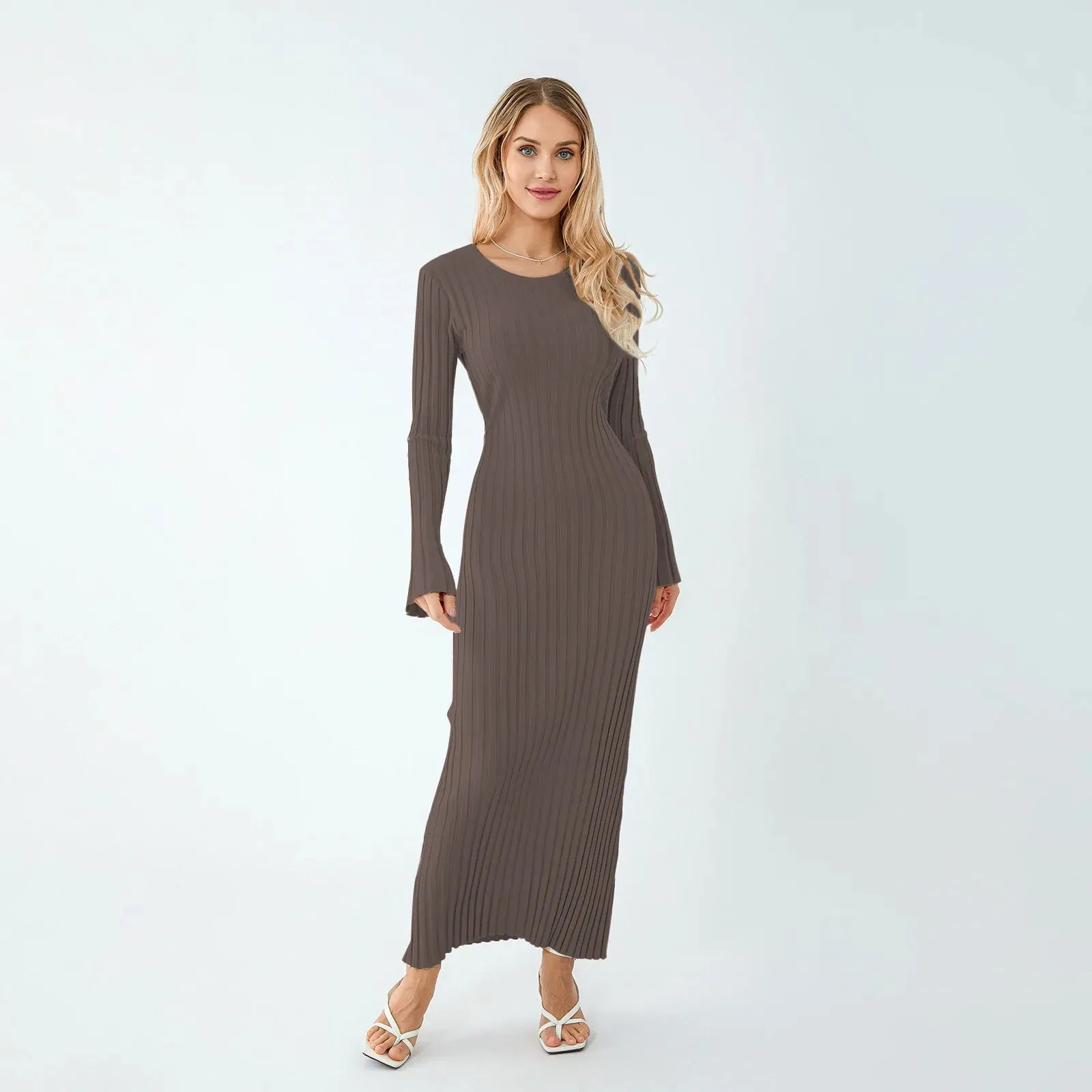 Women Ribbed Long Sleeve Dress with Back Tie