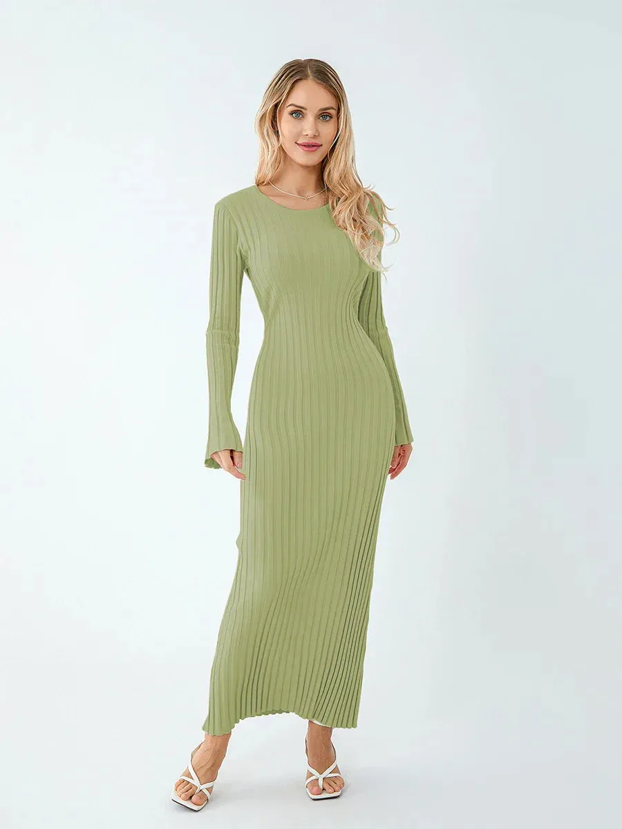 Women Ribbed Long Sleeve Dress with Back Tie