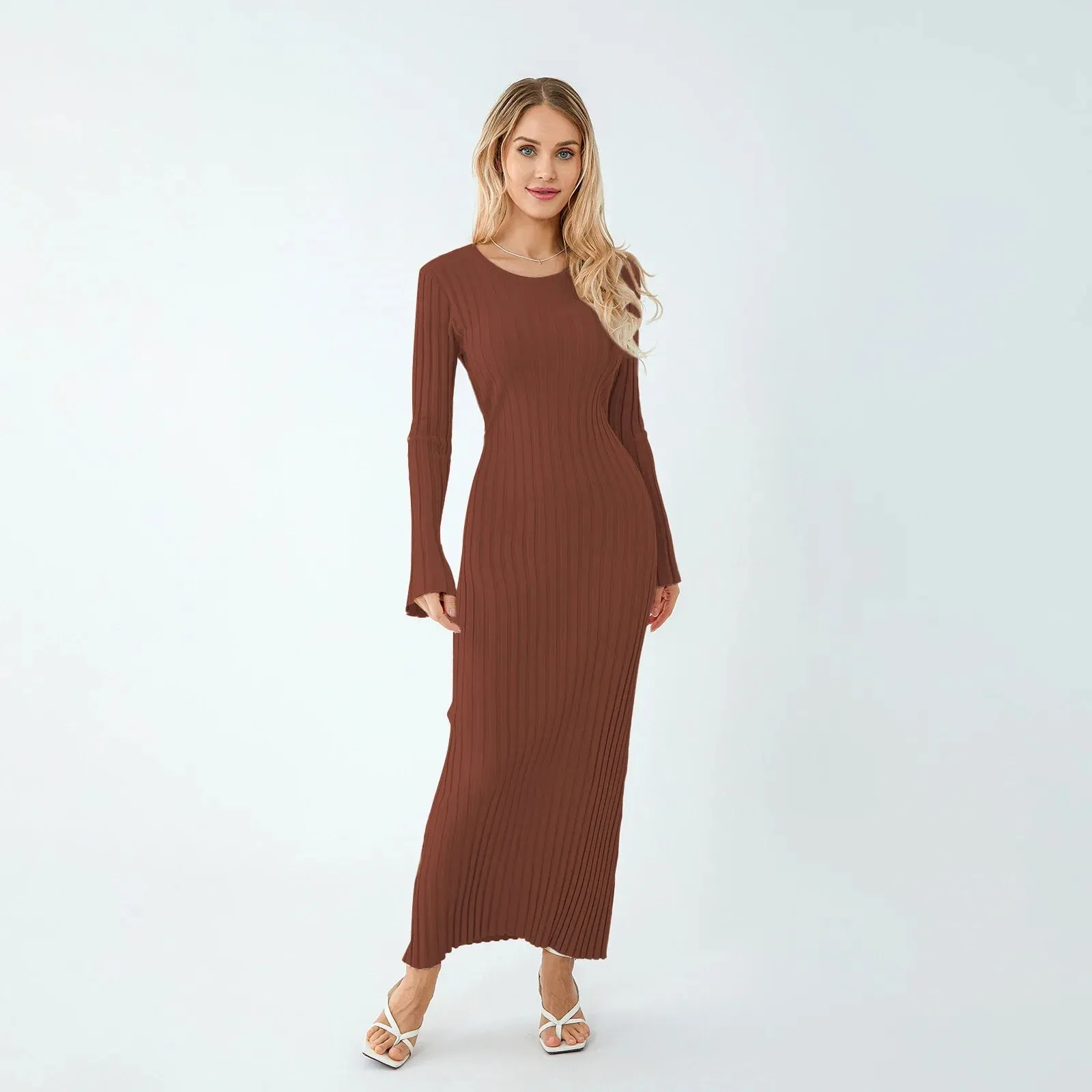 Women Ribbed Long Sleeve Dress with Back Tie