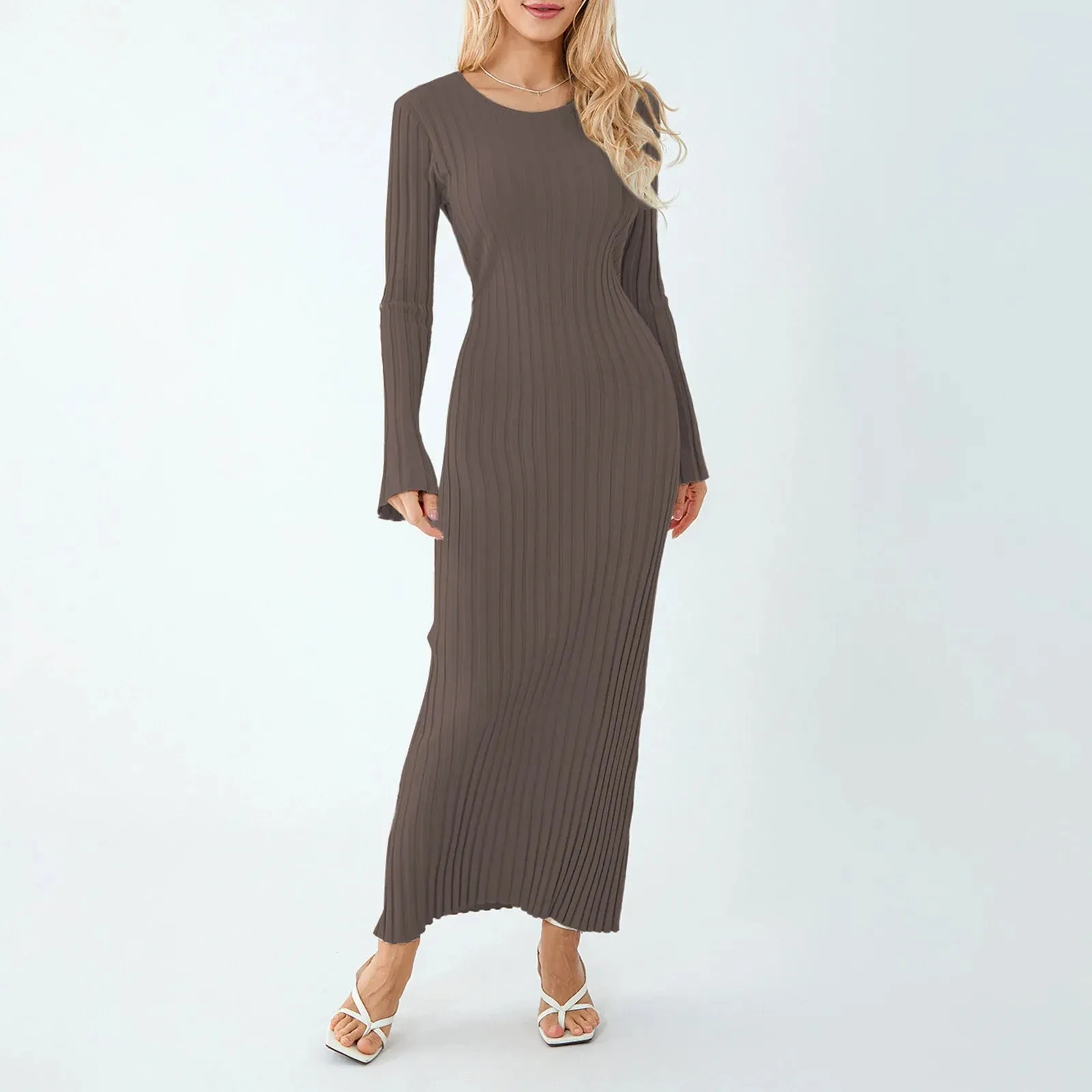 Women Ribbed Long Sleeve Dress with Back Tie