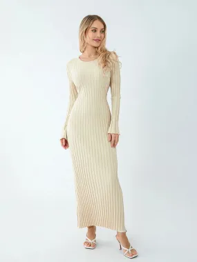 Women Ribbed Long Sleeve Dress with Back Tie