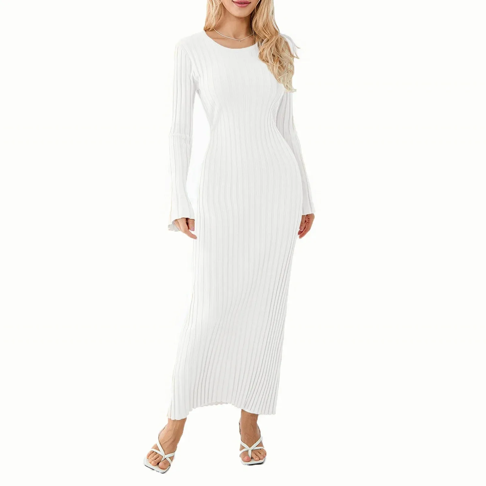 Women Ribbed Long Sleeve Dress with Back Tie