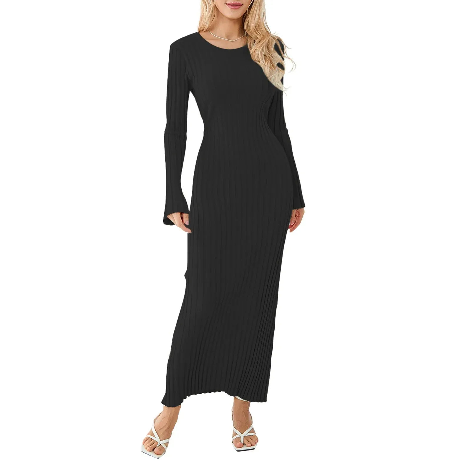Women Ribbed Long Sleeve Dress with Back Tie