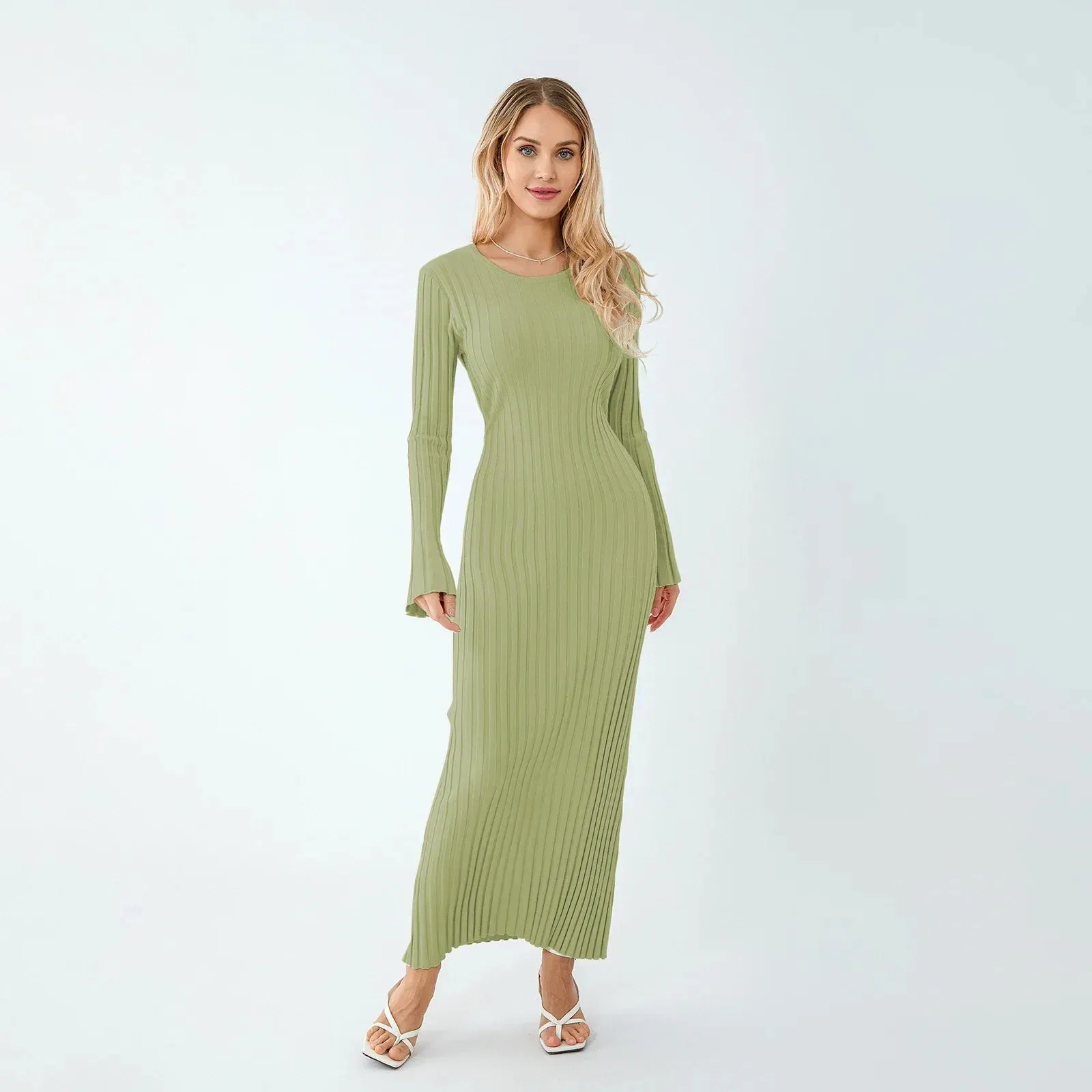 Women Ribbed Long Sleeve Dress with Back Tie