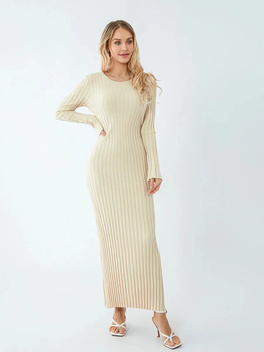 Women Ribbed Long Sleeve Dress with Back Tie