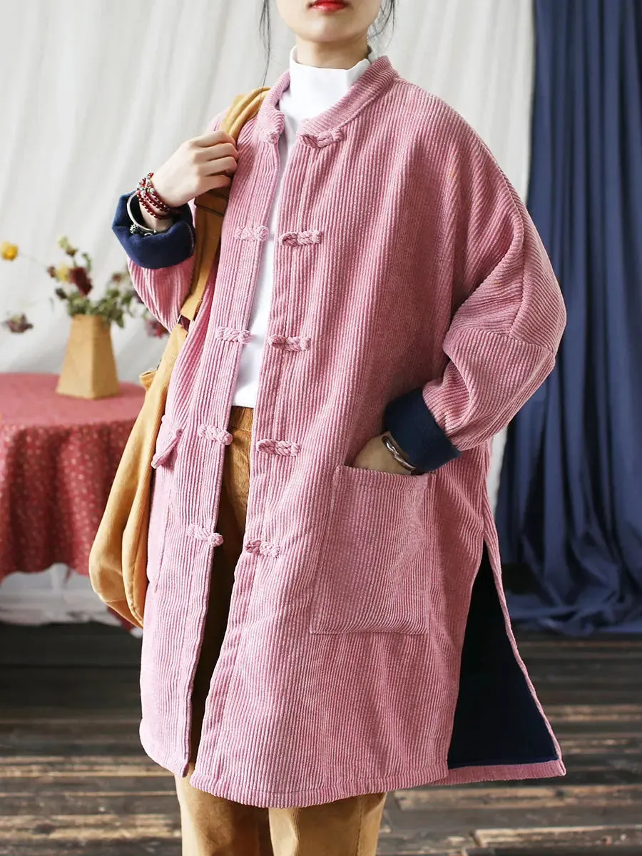 Women Solid Corduroy Long Winter Coat