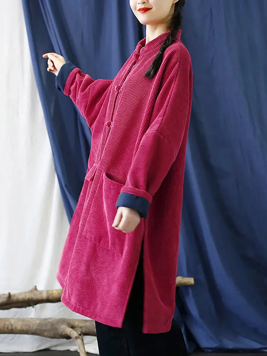 Women Solid Corduroy Long Winter Coat