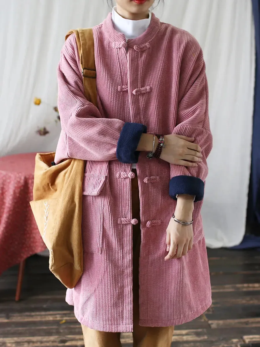 Women Solid Corduroy Long Winter Coat