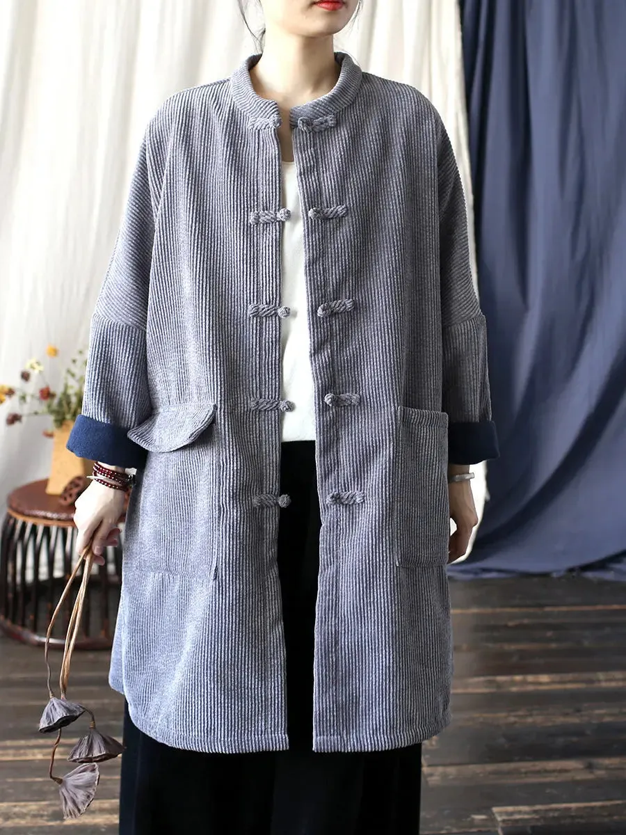 Women Solid Corduroy Long Winter Coat