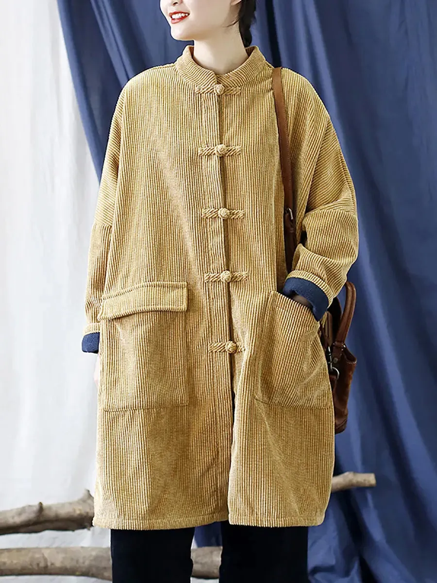 Women Solid Corduroy Long Winter Coat
