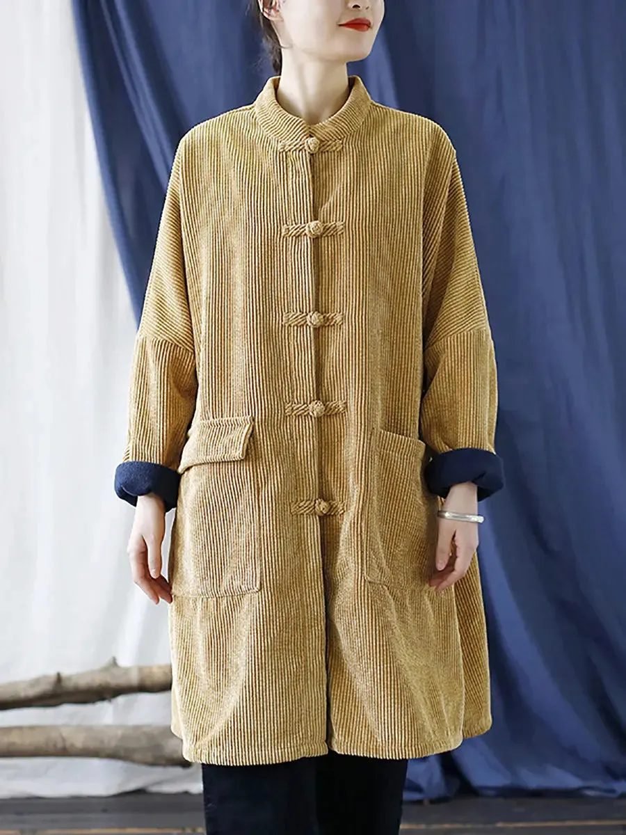 Women Solid Corduroy Long Winter Coat