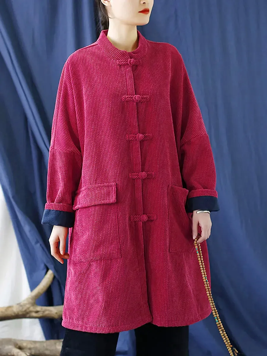 Women Solid Corduroy Long Winter Coat