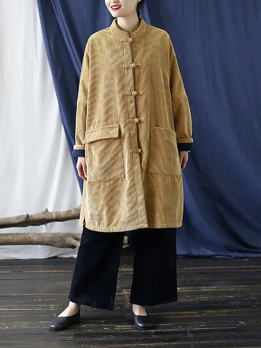 Women Solid Corduroy Long Winter Coat