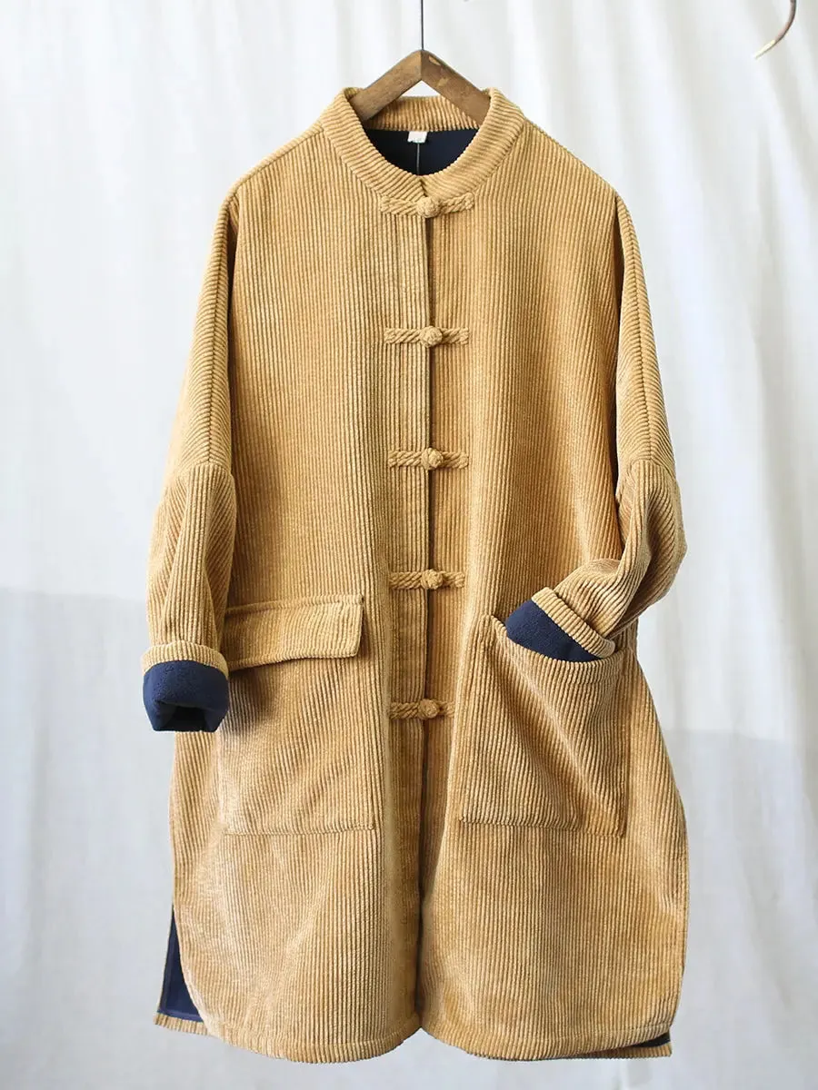 Women Solid Corduroy Long Winter Coat