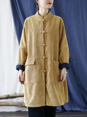 Women Solid Corduroy Long Winter Coat