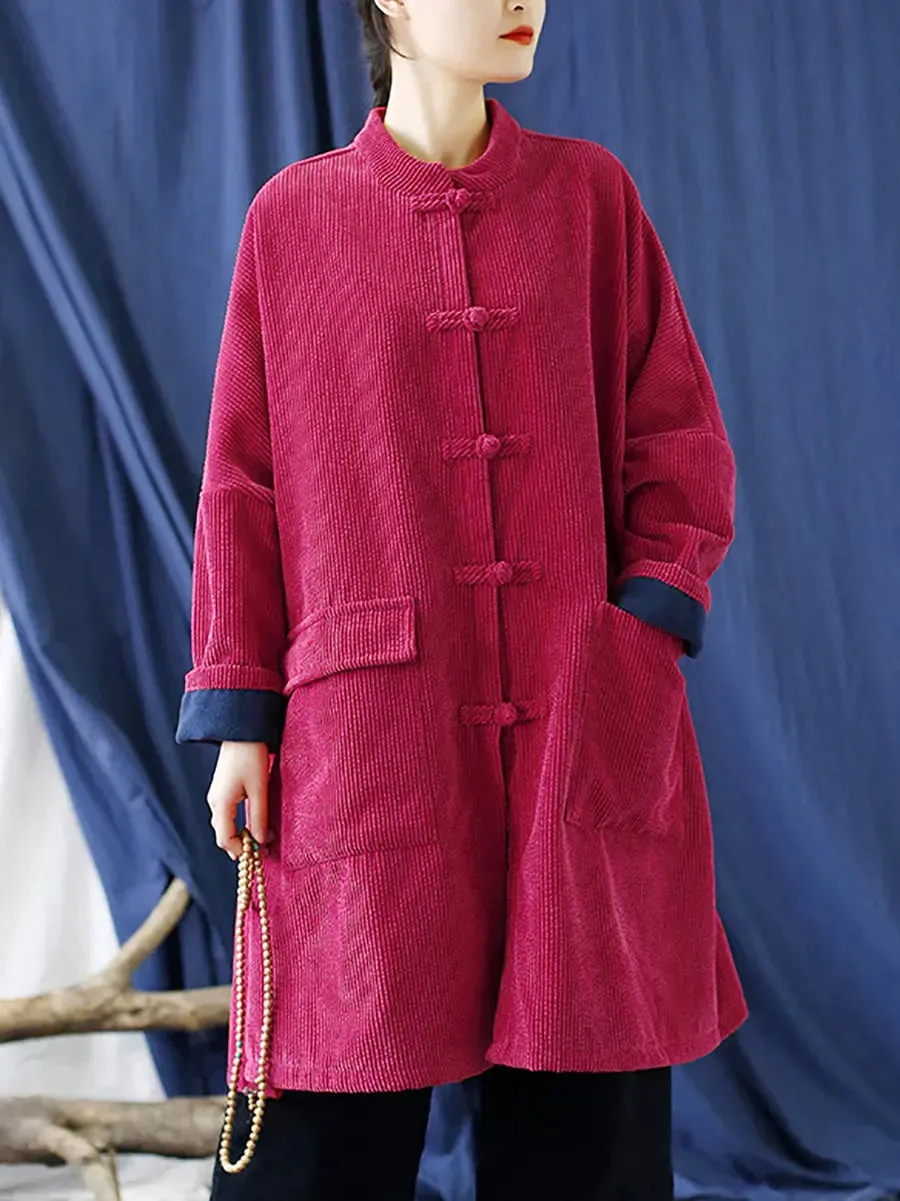 Women Solid Corduroy Long Winter Coat