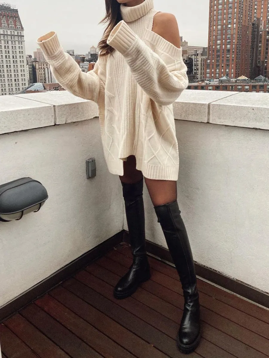Women'S Warm Casual High Neck Strapless Sweater Dress