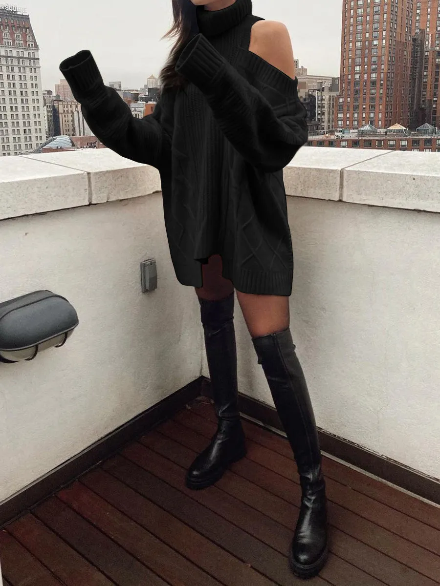 Women'S Warm Casual High Neck Strapless Sweater Dress